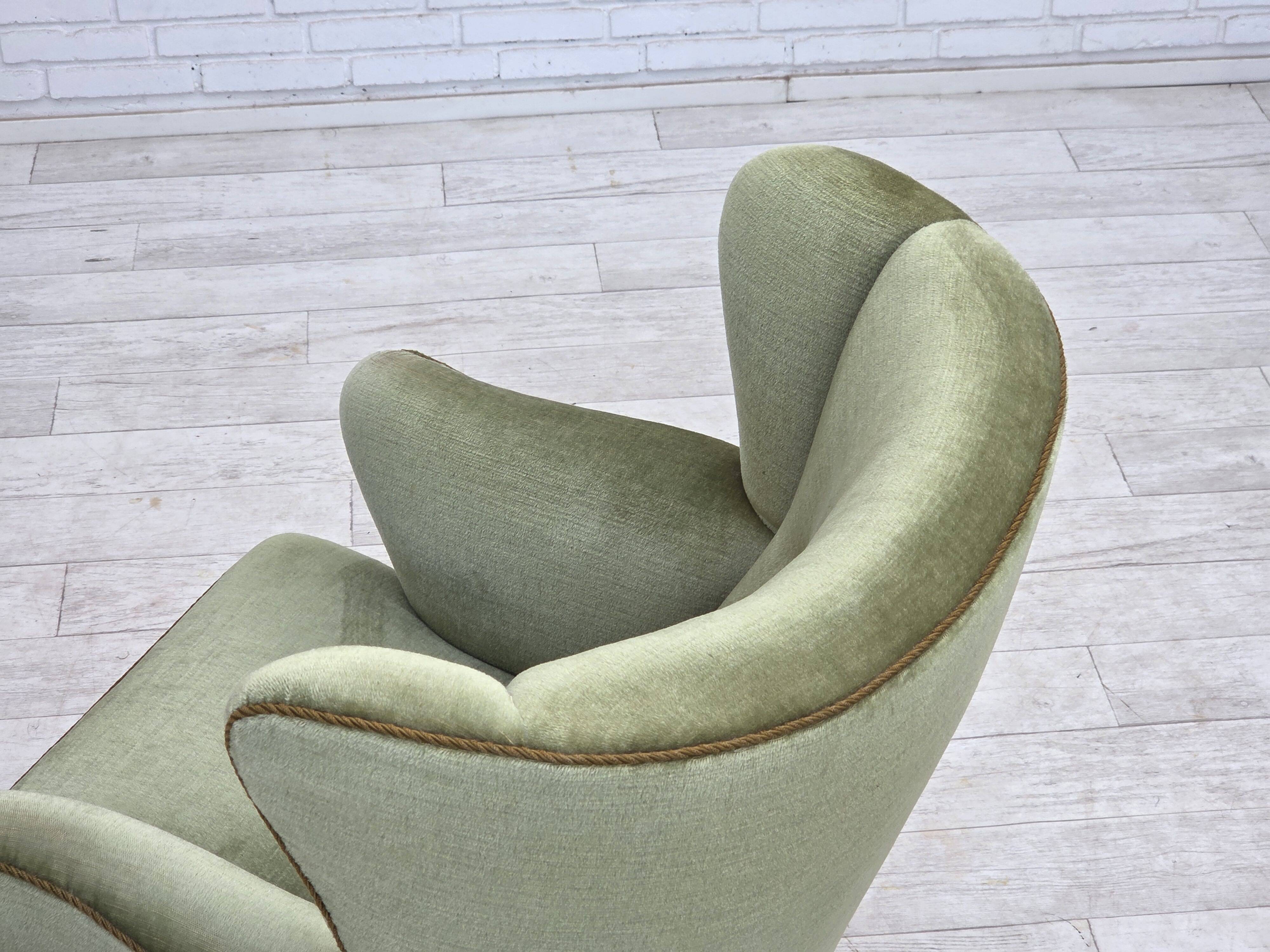 1960s, Scandinavian armchair, green furniture velour, oak wood legs.