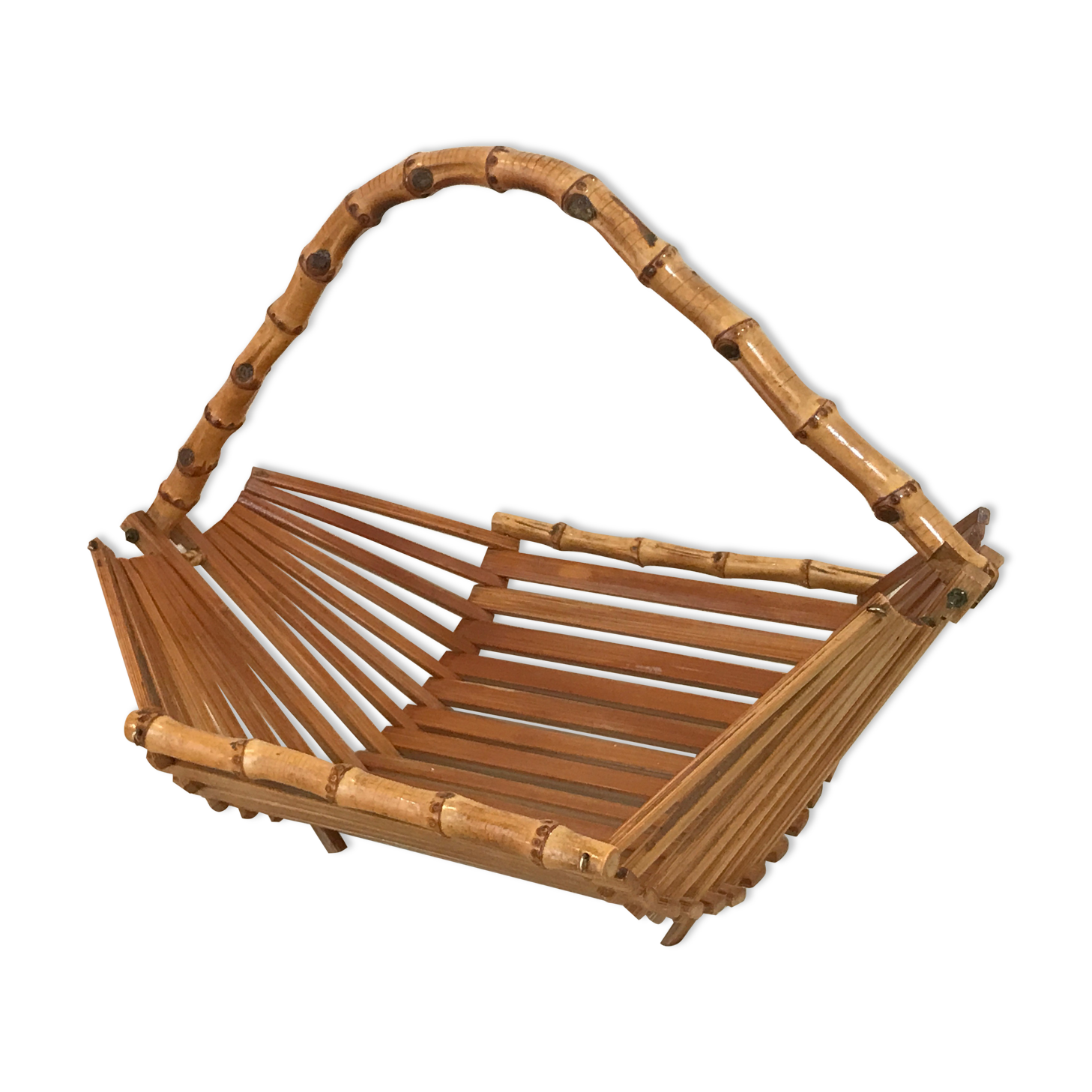Basket fruit cut 1960 vintage bamboo rattan wicker