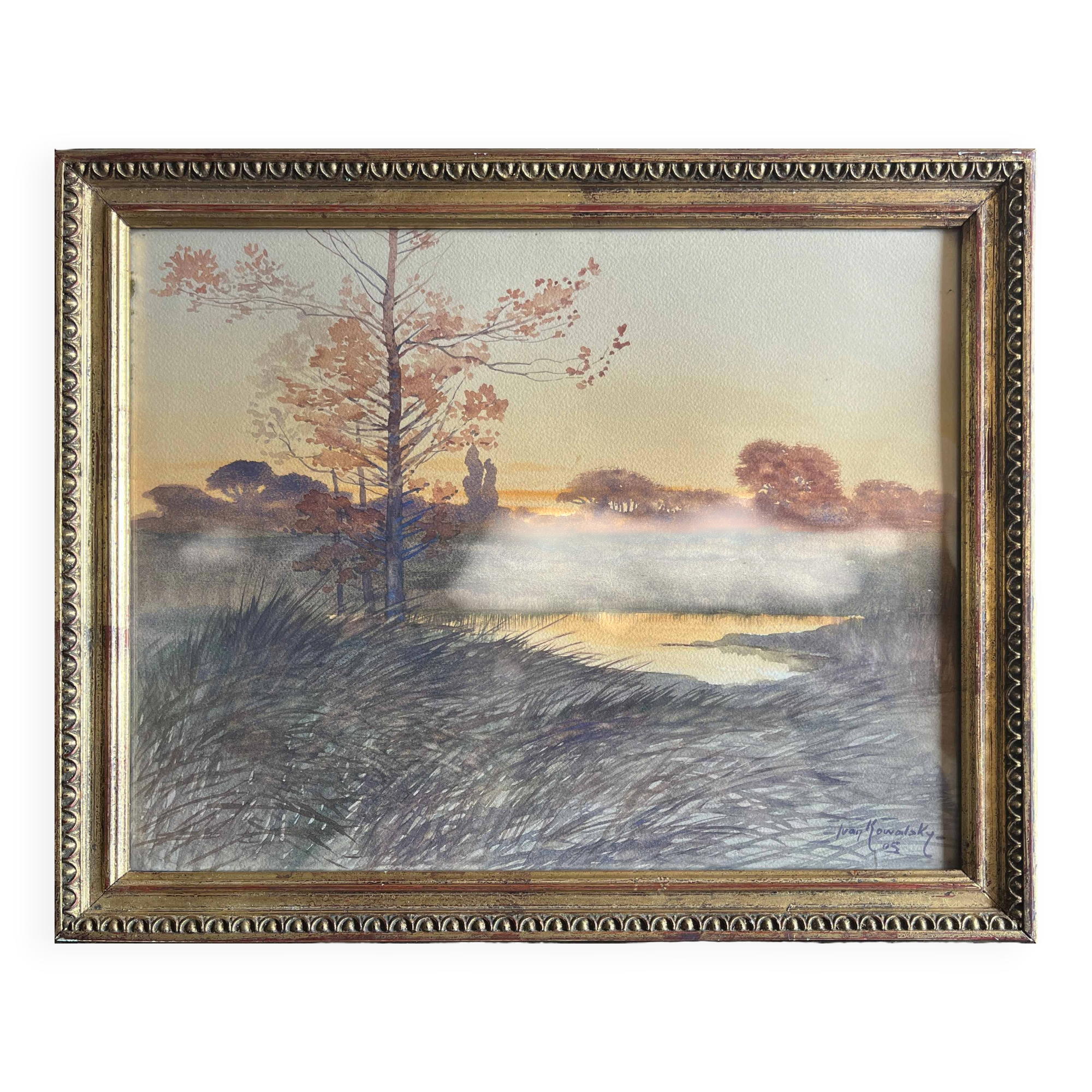 Watercolour painting by Ivan Kowalski (1839-1937) "Lakeside Landscape at Sunset"