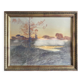 Watercolour painting by Ivan Kowalski (1839-1937) "Lakeside Landscape at Sunset"