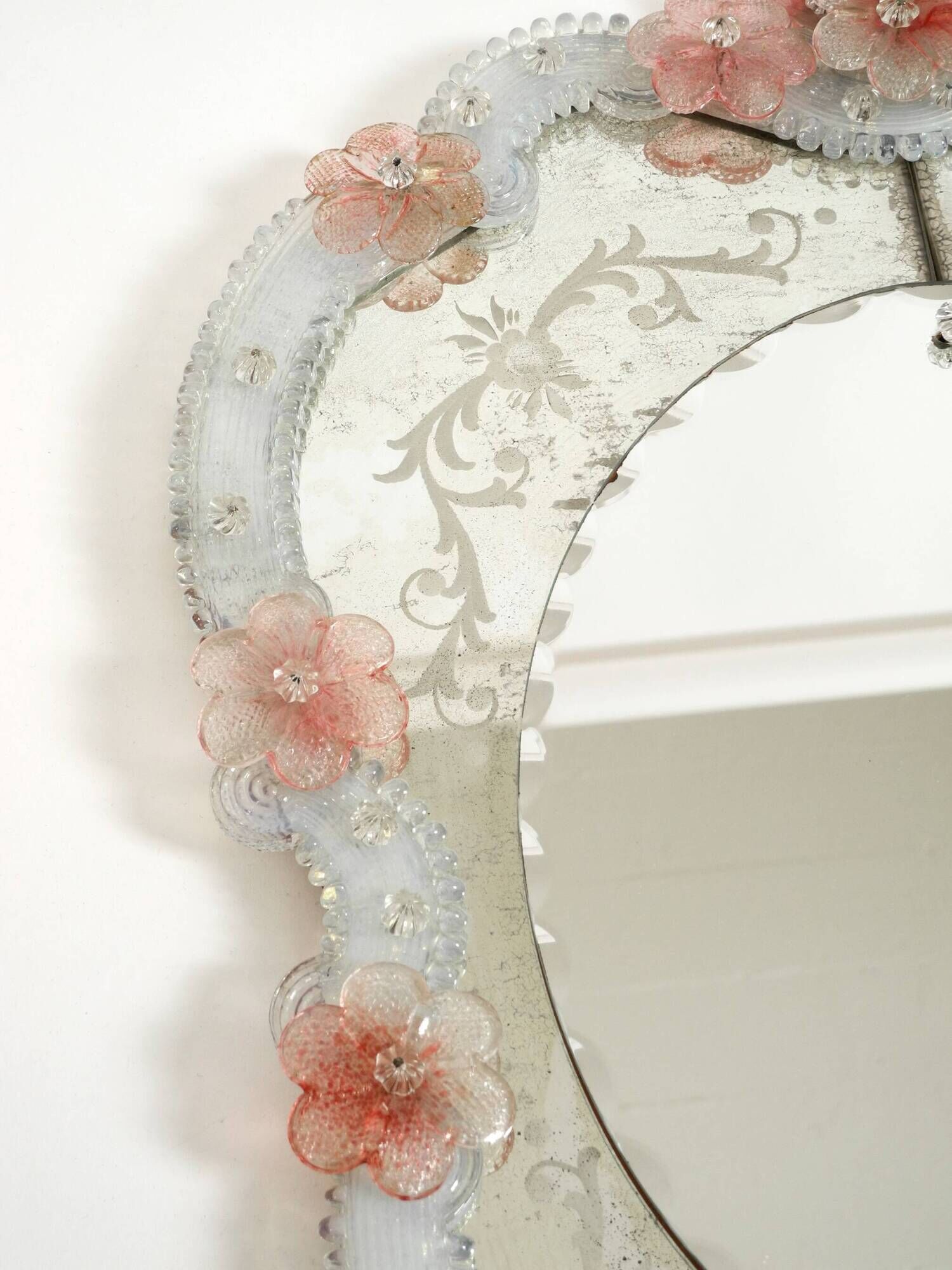 Italian mid-century wall mirror with a Murano glass frame and blossoms