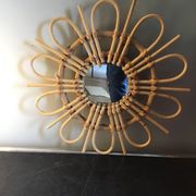 Miroir soleil, fleur vintage en rotin et bois