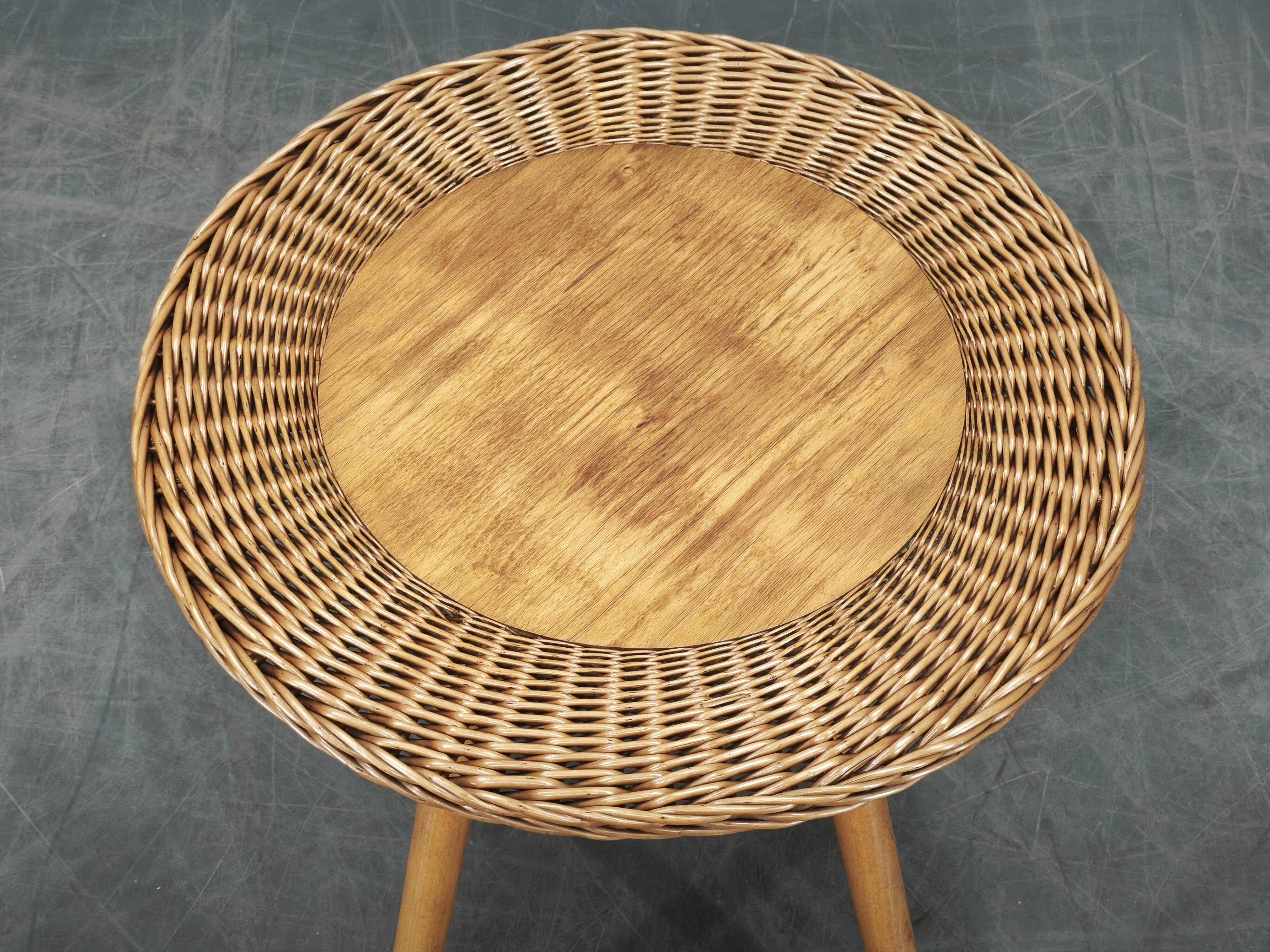 Jan Kalous Rattan and Beech Side Table, Czechoslovakia, 1970s
