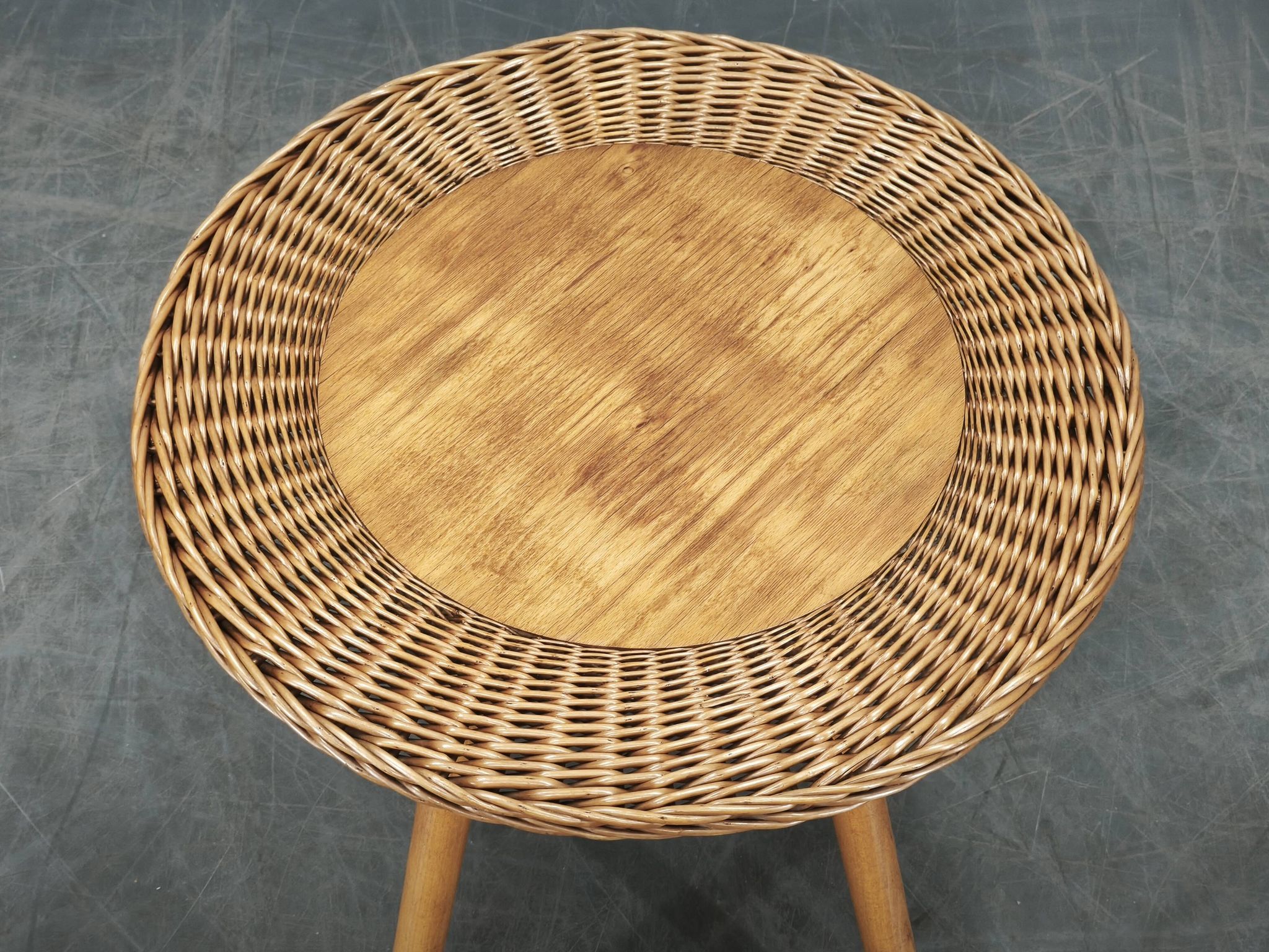 Jan Kalous Rattan and Beech Side Table, Czechoslovakia, 1970s