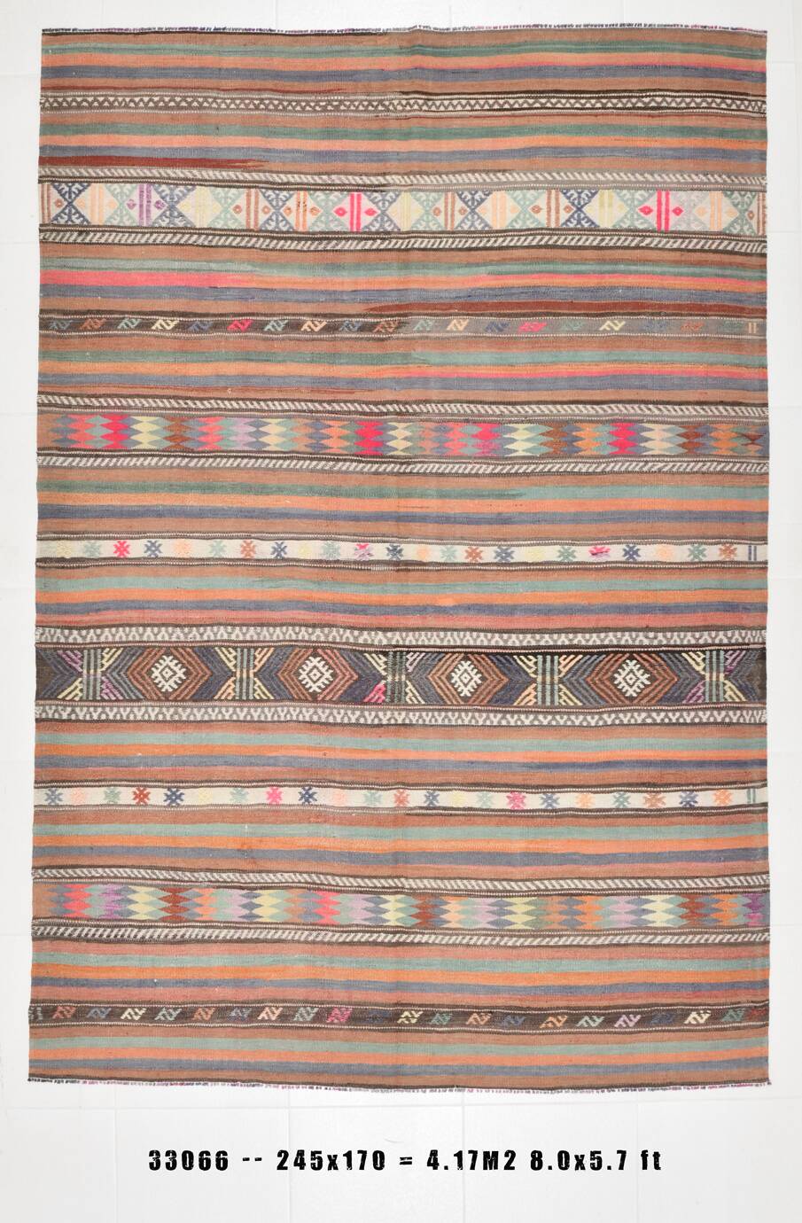 5x8 Orange Blue Striped Turkish Vintage Kilim Rug 170x245Cm