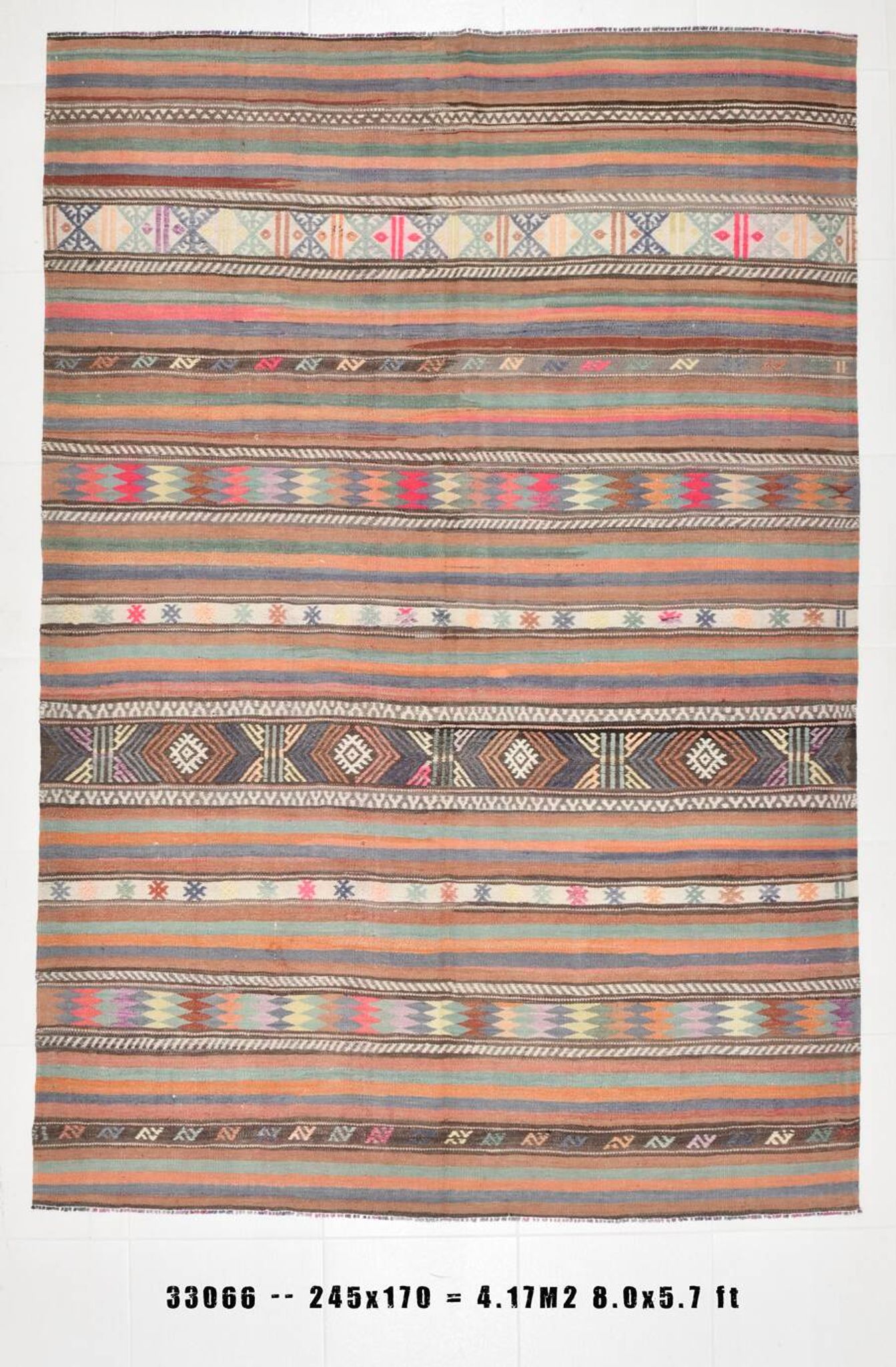 5x8 Orange Blue Striped Turkish Vintage Kilim Rug 170x245Cm