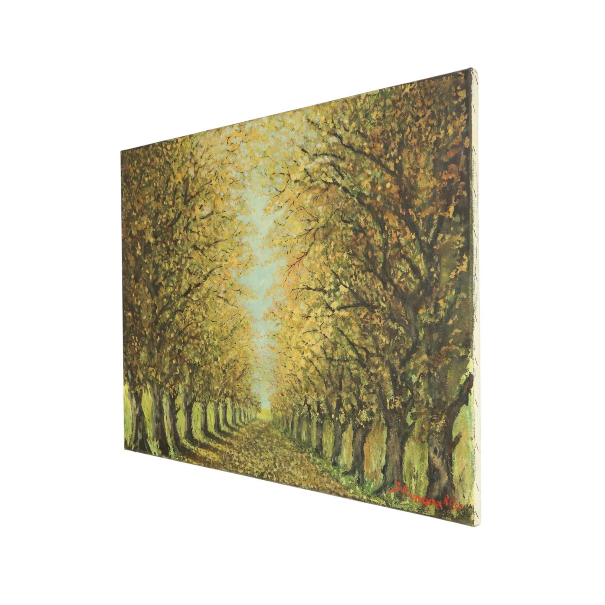 Large Vintage Painting on Canvas Perspective Trees Signed
