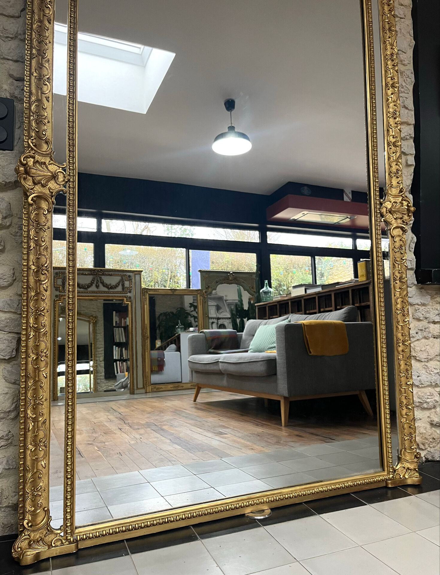 Mirror 244.5/142.5cm Louis XIV with mercury glass, gold leaf.