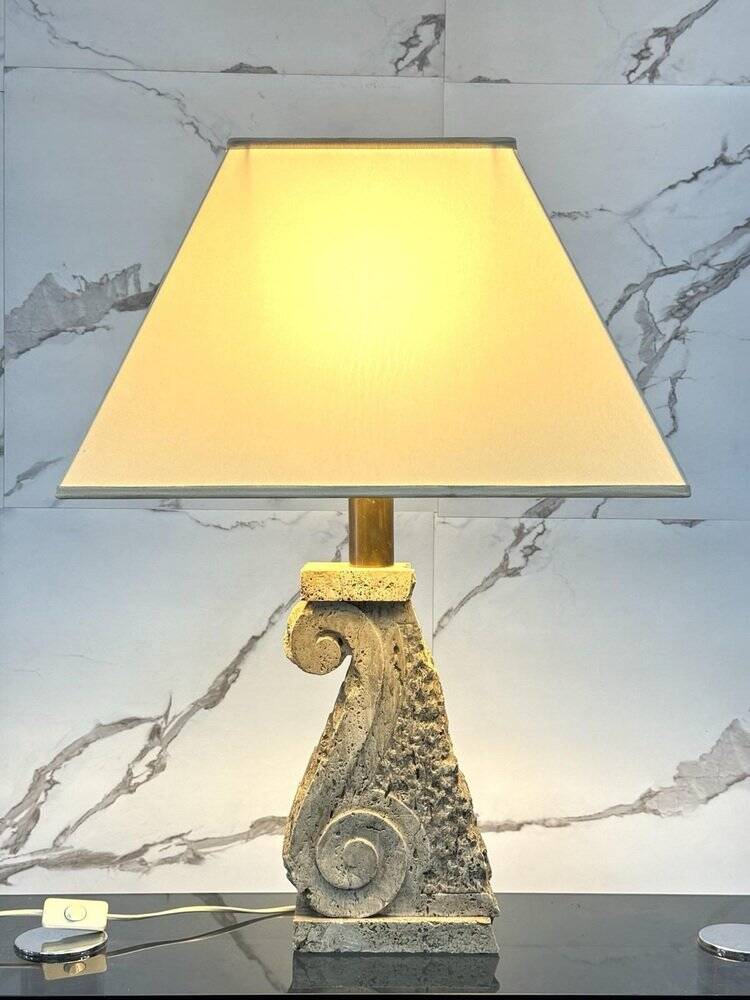 Large Travertine and Stone Table Lamp, 1970s