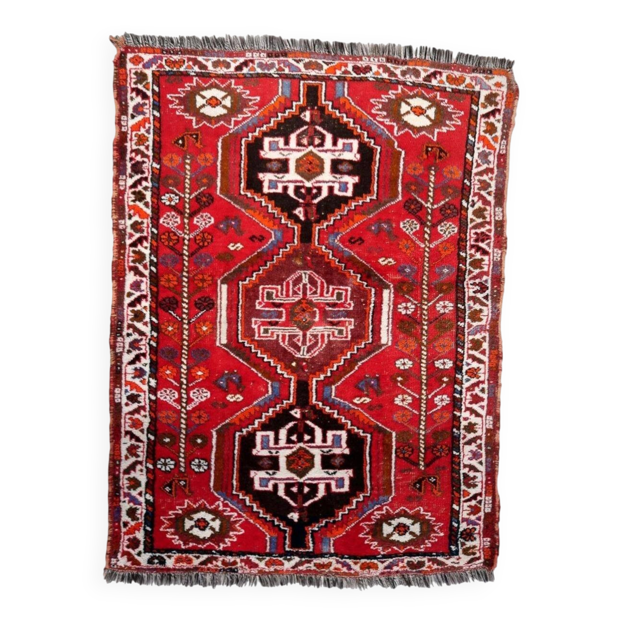 Vintage 1940s Persian Shiraz rug, tribal triple medallion, red field, 115cm x 156cm
