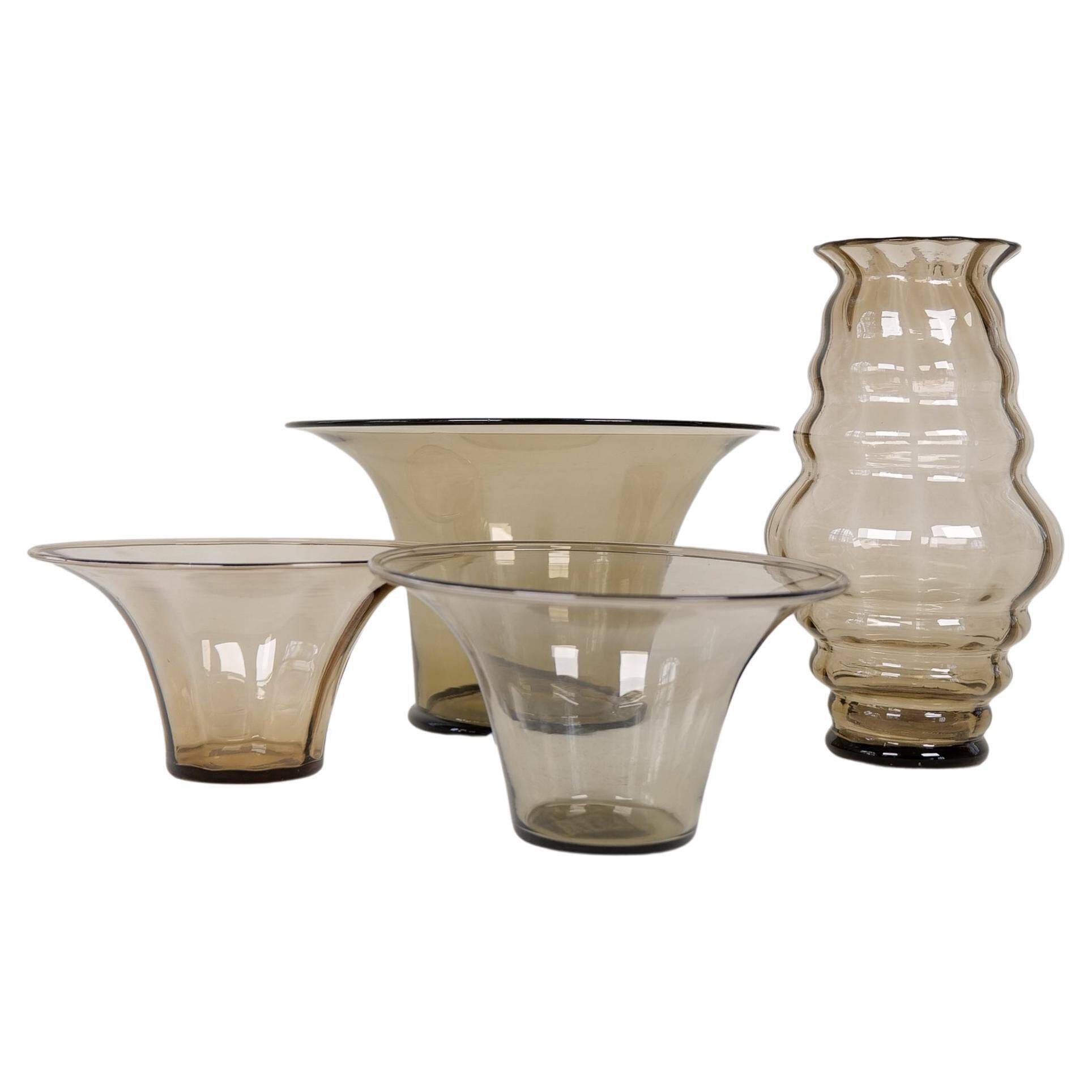 Art Deco Ensemble / Swedish Grace of 4 Glass Containers by Simon Gate Orrefors Sweden 1920s