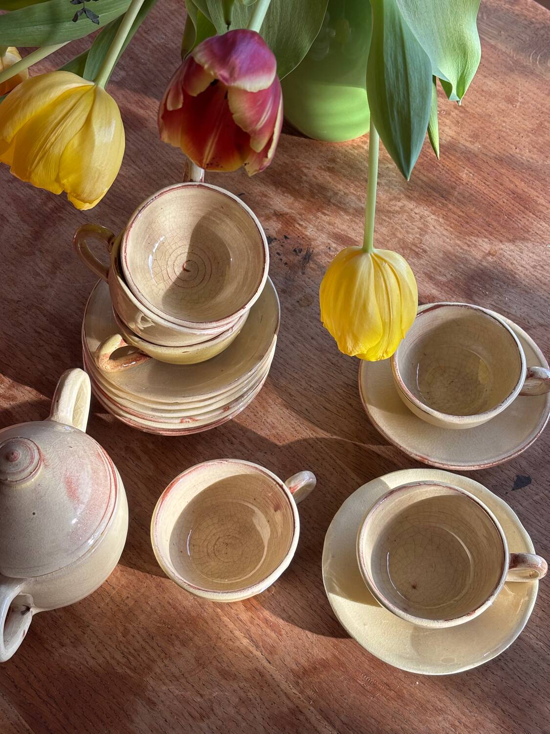 Ceramic cups, saucers and sugar bowl, Salernes, Var, 1960