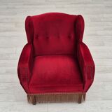 Fauteuil danois, originale, meuble en velours, pieds en bois de chêne