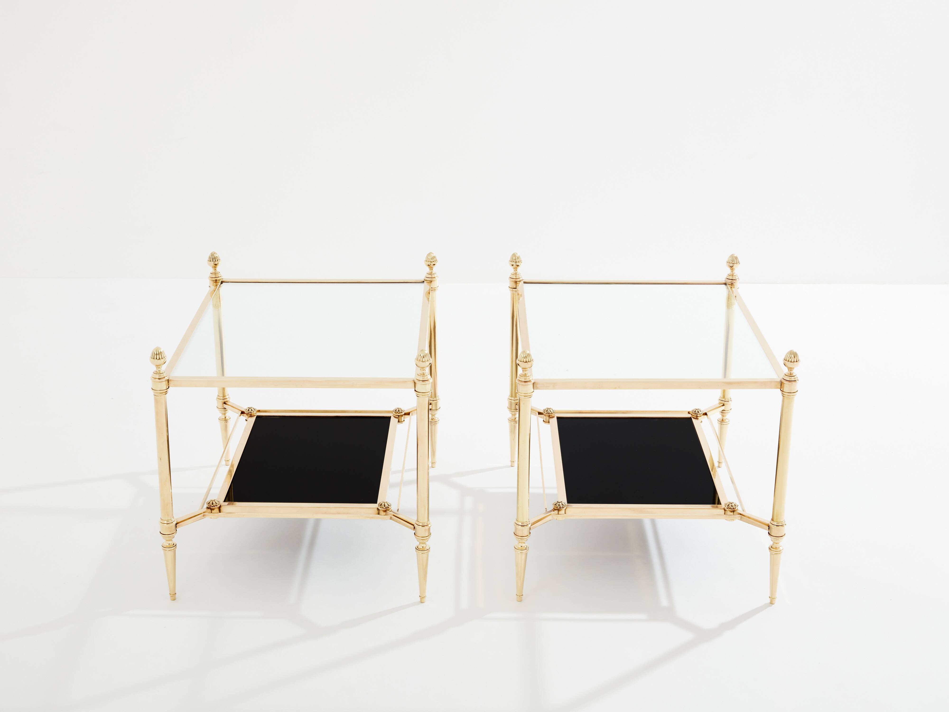 Maison Jansen style pair of brass opaline glass side tables 1970