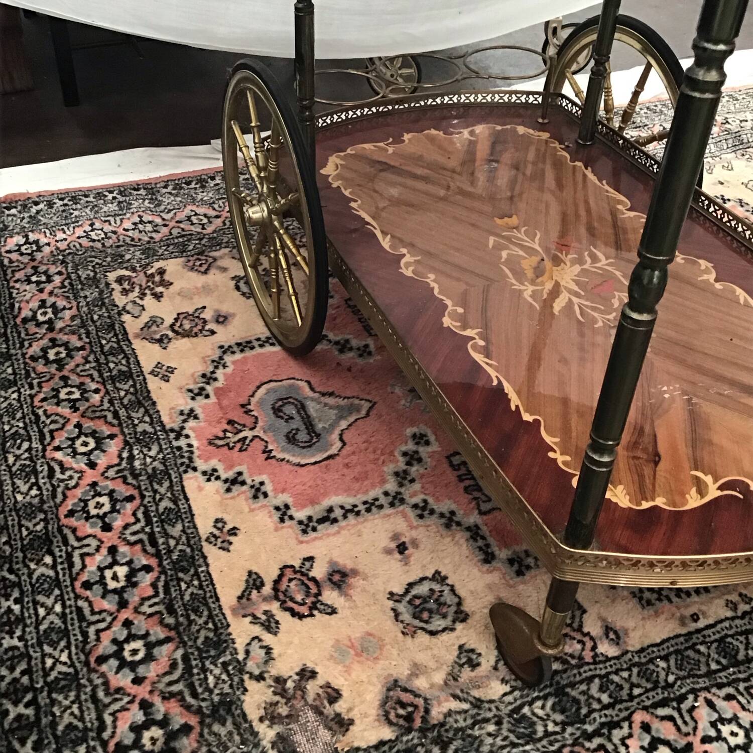 1960s marquetry bar cart on wheels