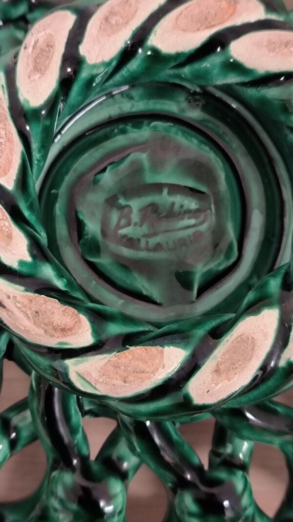 Ancienne coupe à fruits en faïence tressée verte Vallauris