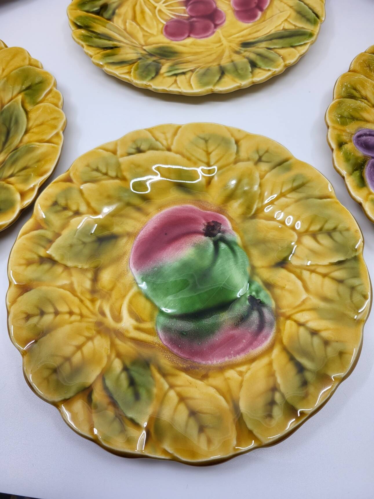 Sarreguemines dessert plates in barbotine with fruit decoration French Vintage