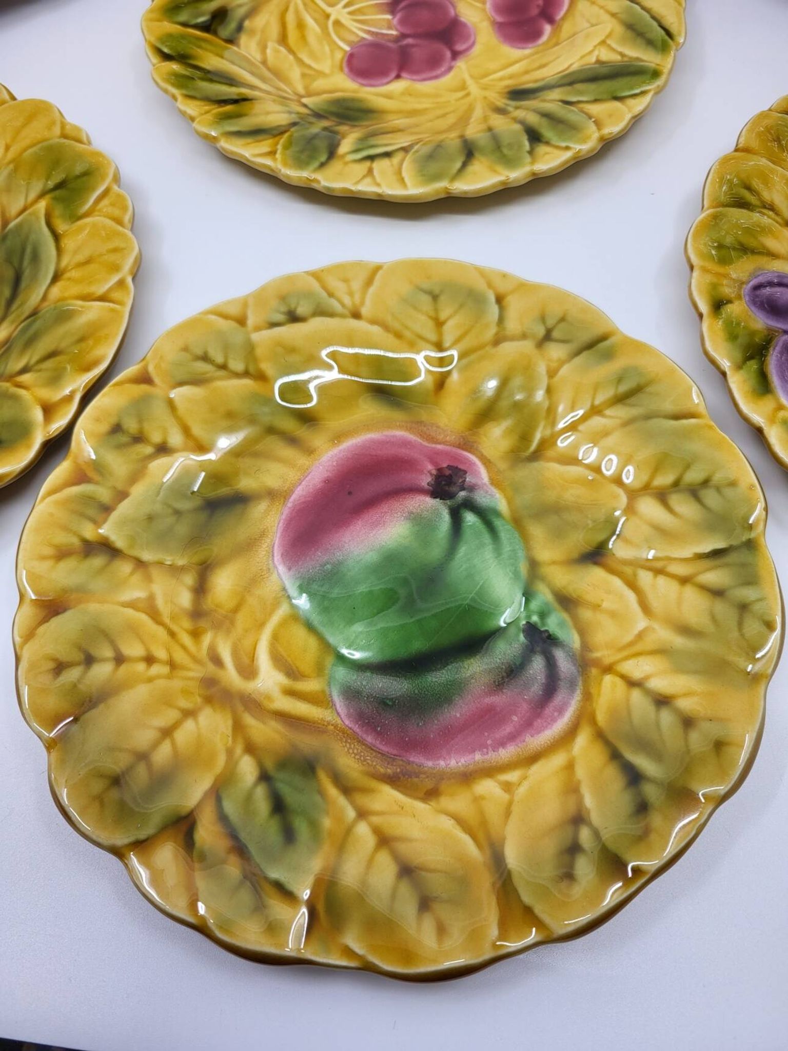 Sarreguemines dessert plates in barbotine with fruit decoration French Vintage