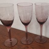 3 purple crystal flutes with finely engraved patterns year 70