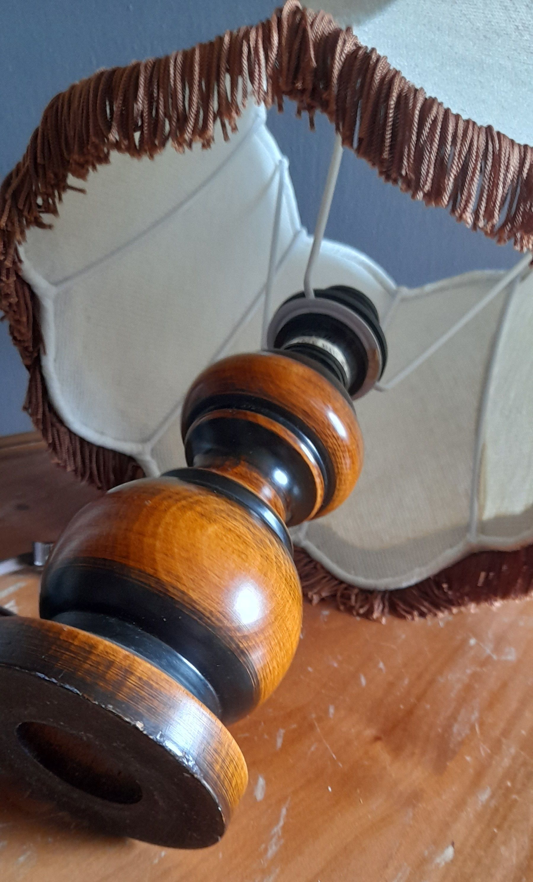 Table lamp foot turned wood and lampshade pagoda ecru/brown, seventies