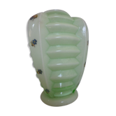 Ancien vase en cristal d' opaline verte décoré de fleurs multicolores