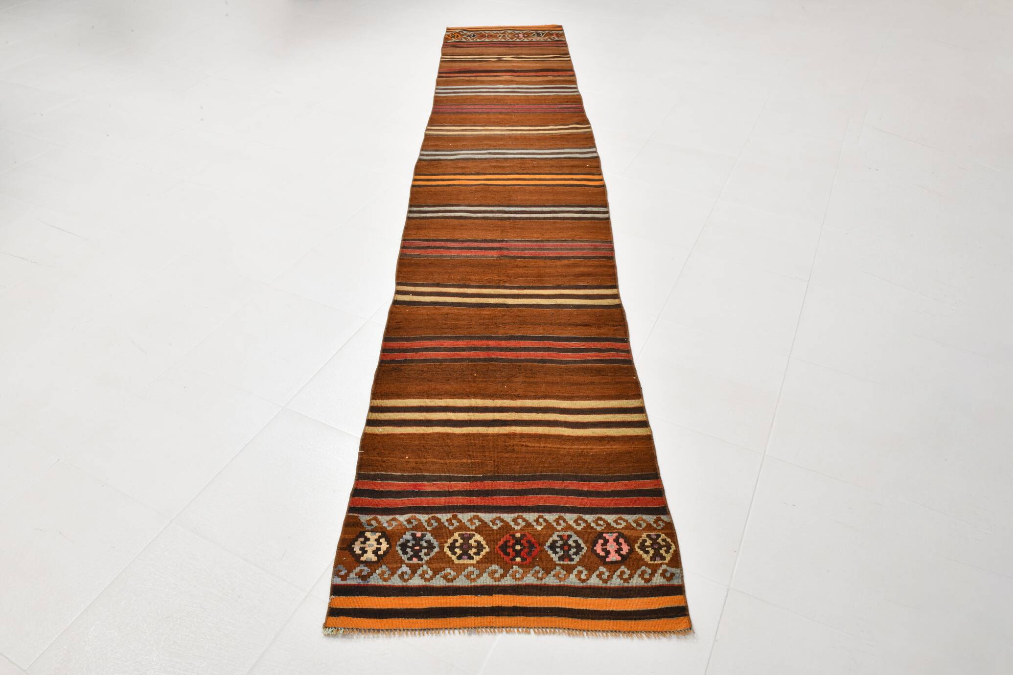 Tapis persan Kilim bordeaux et rouge, 75 x 387 cm