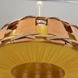 Vintage hanging lamp with rattan shade, palm leaf and fabric, 1970s