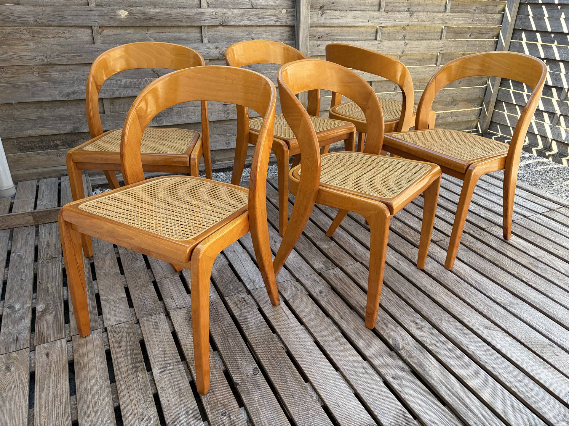 Set of 6 caned chairs by Baumann, gondola model.