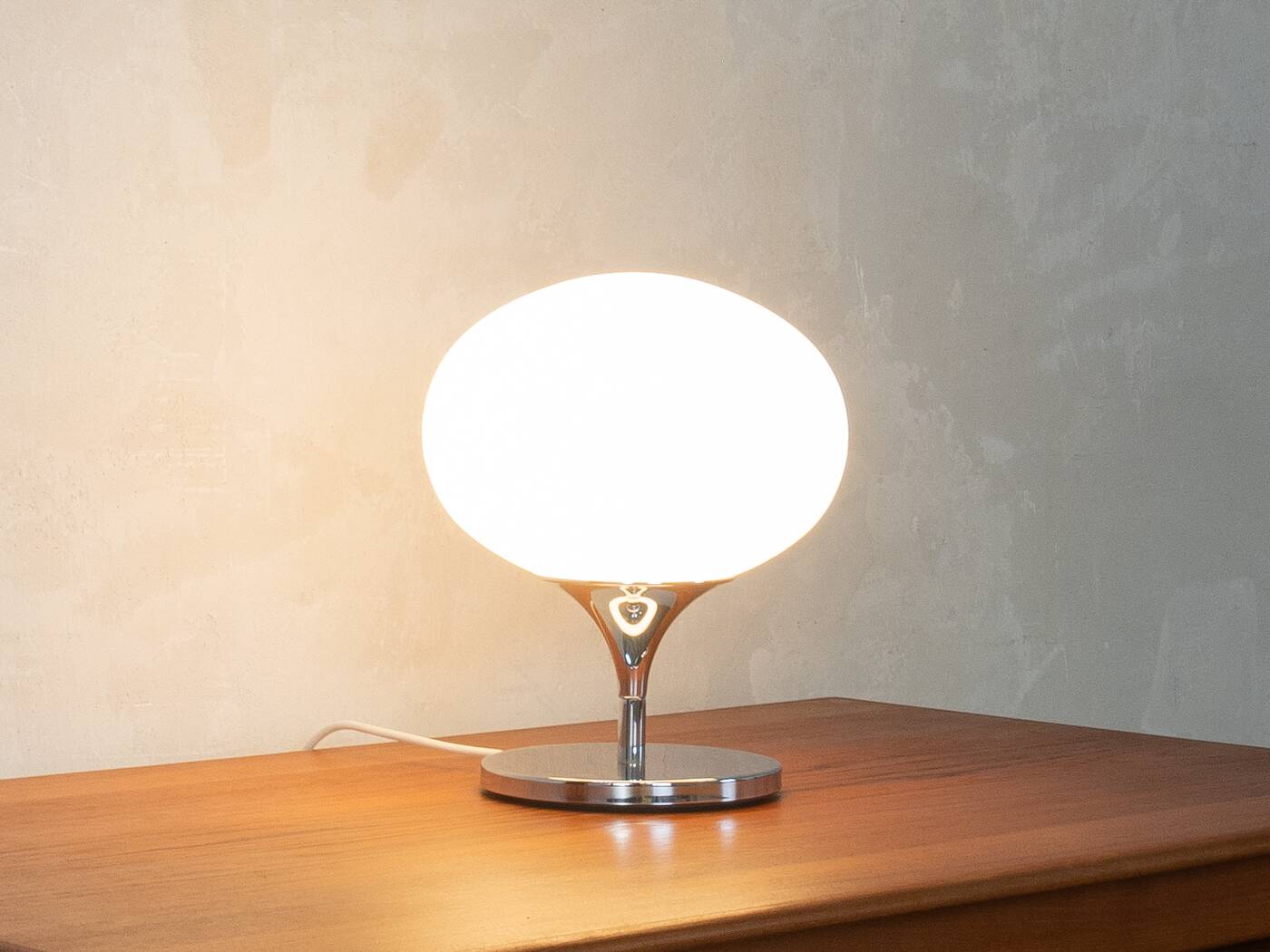 Kaiser Leuchten table lamp, 1970s, space age design, chrome and opal glass
