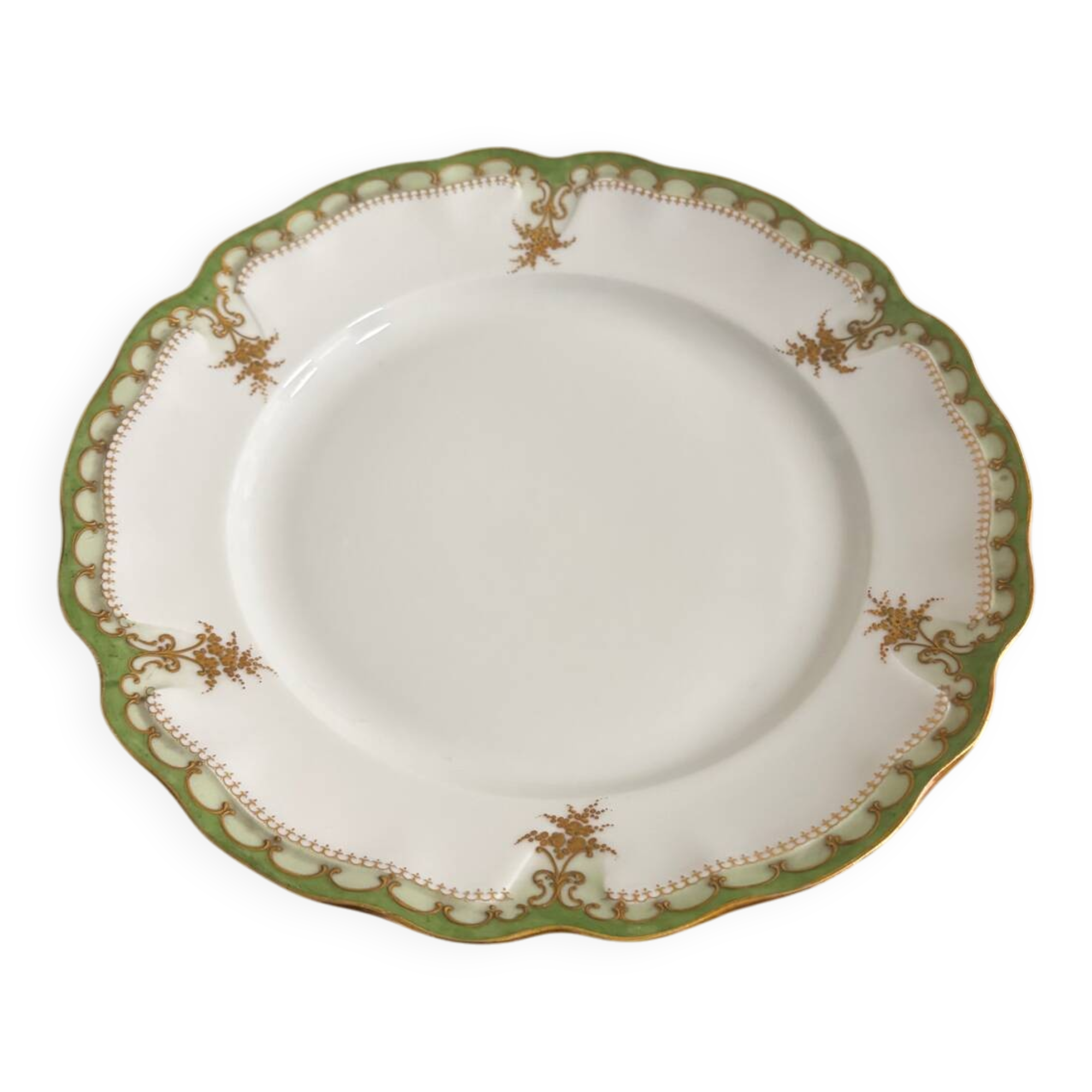 Vintage round green Limoges porcelain serving platter with gold trim