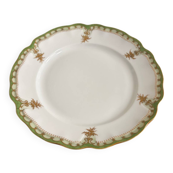 Vintage plat de service rond vert à dorures en porcelaine de Limoges