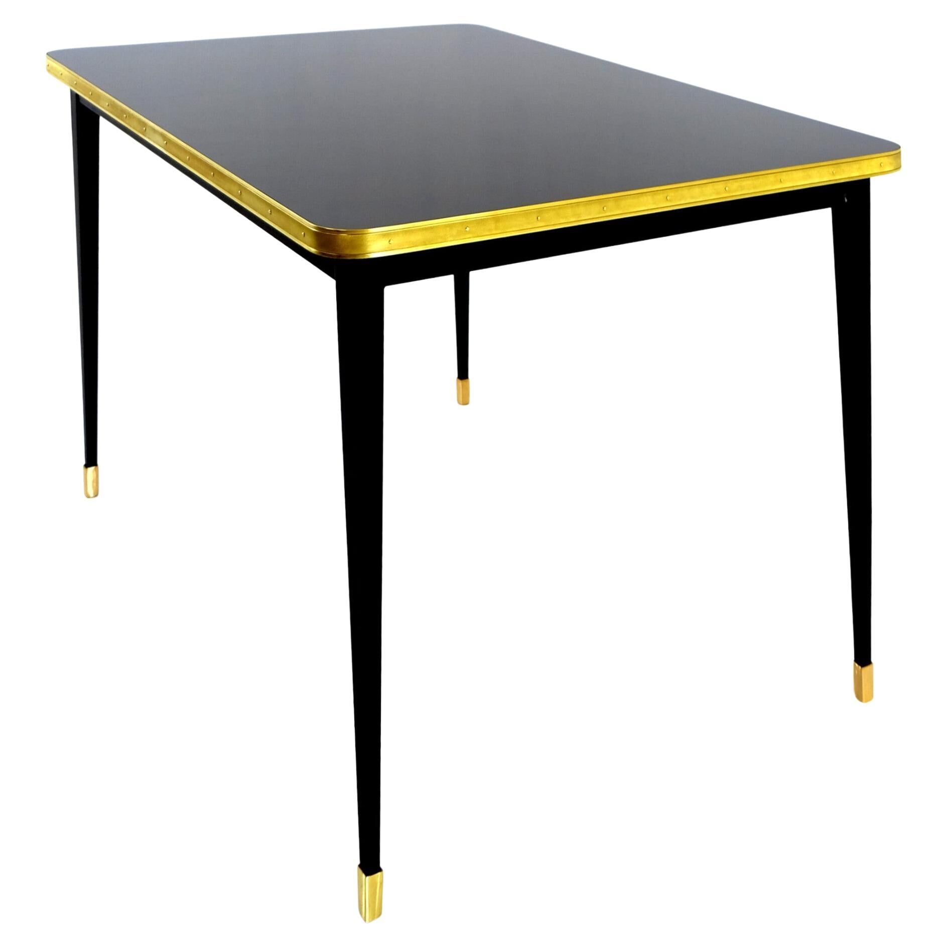 Dining Table, High Gloss Laminate, Brass, Tapered Legs, Midnight Blue - M