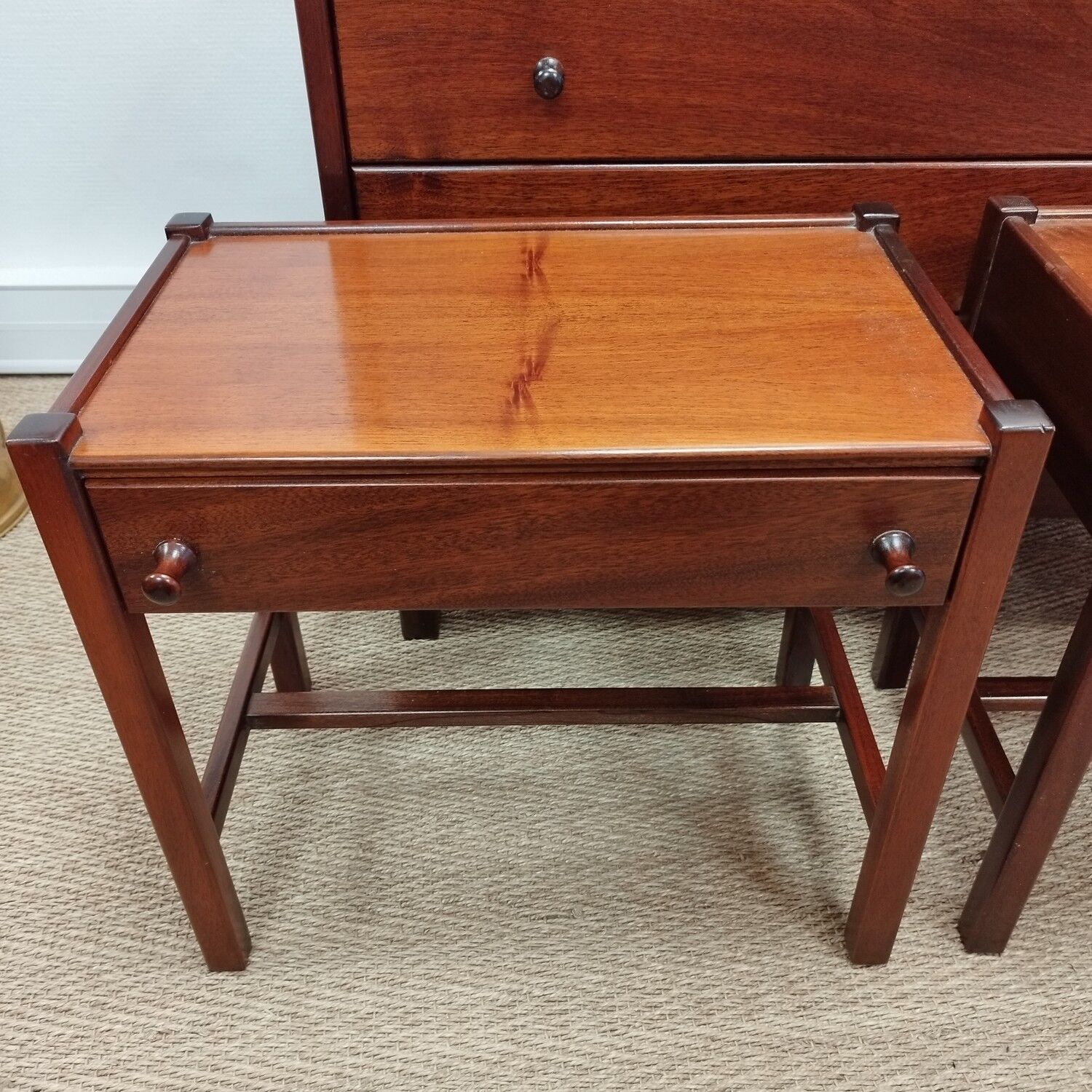Pair of solid walnut bedside tables, design by Jacques Hauville for Roche-Bobois, 1960