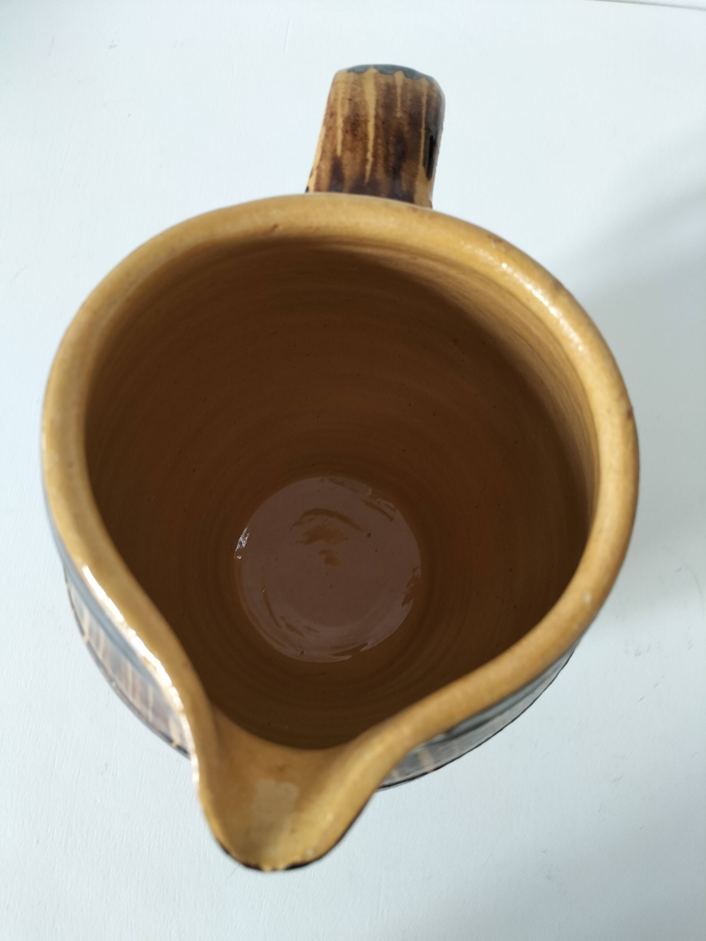 Large vintage pitcher with trompe l'oeil effect, barrel in glazed stoneware, 1950s