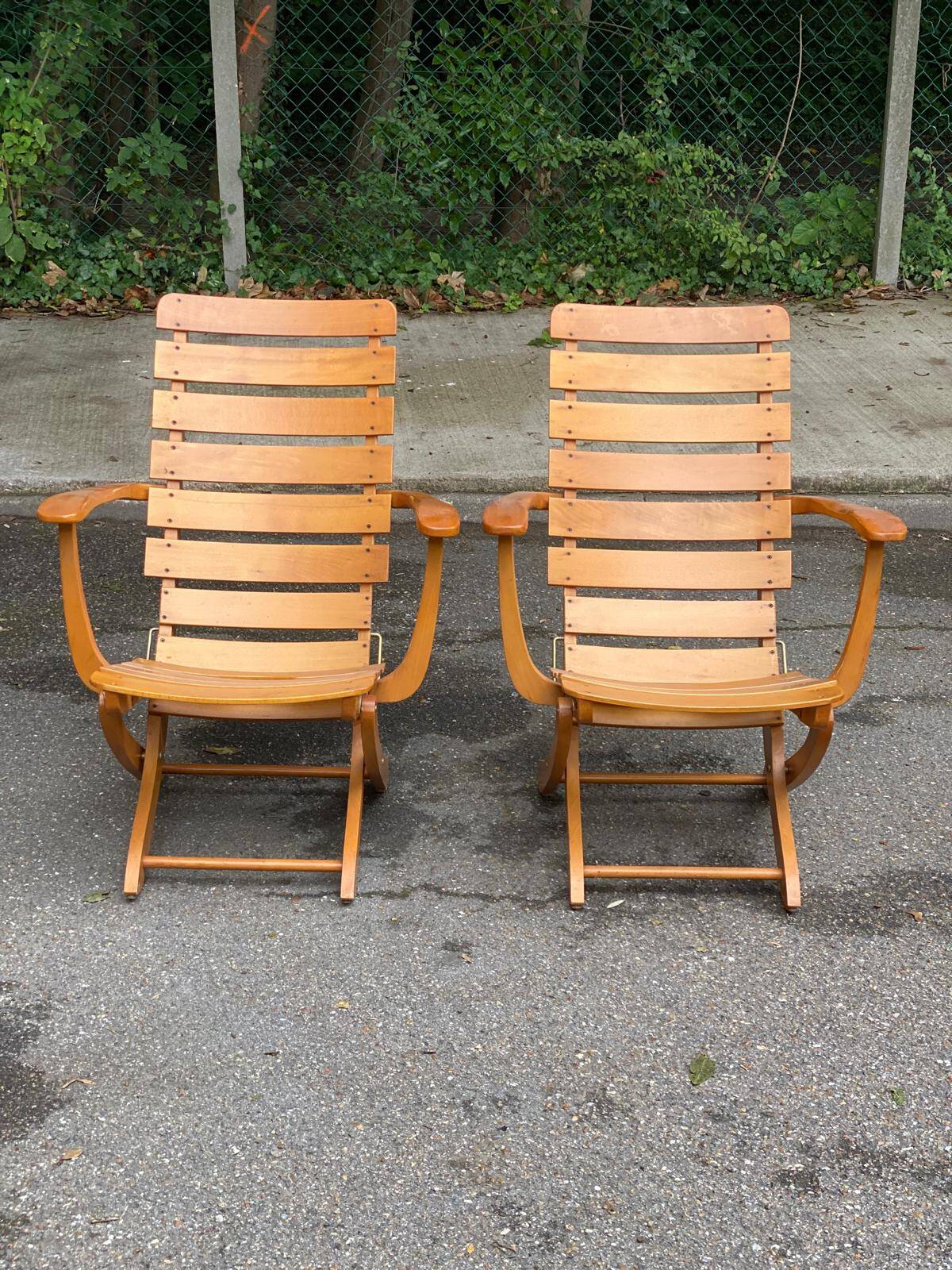 Pair of Clairitex France 1970 solid wood lounge chairs