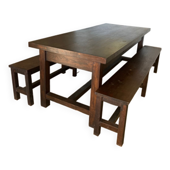 Solid wood dining table with benches