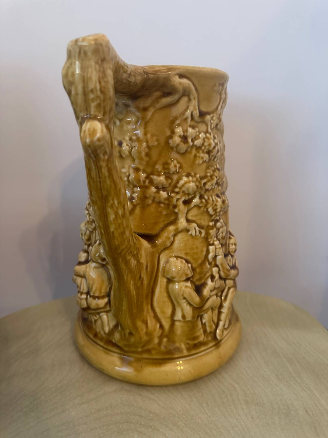 Old large Sarreguemines Majolica earthenware pitcher, vintage slip