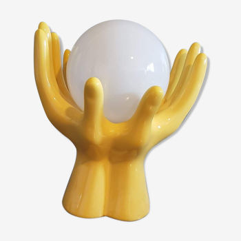 Yellow ceramic hand lamp with white opaline globe