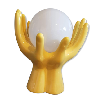 Yellow ceramic hand lamp with white opaline globe