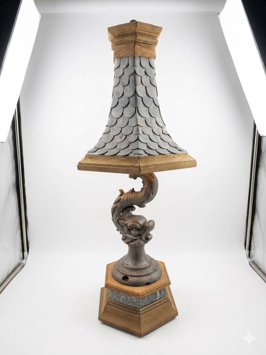 Monumental lamp with a dolphin in cast iron and lead scales - 110cm