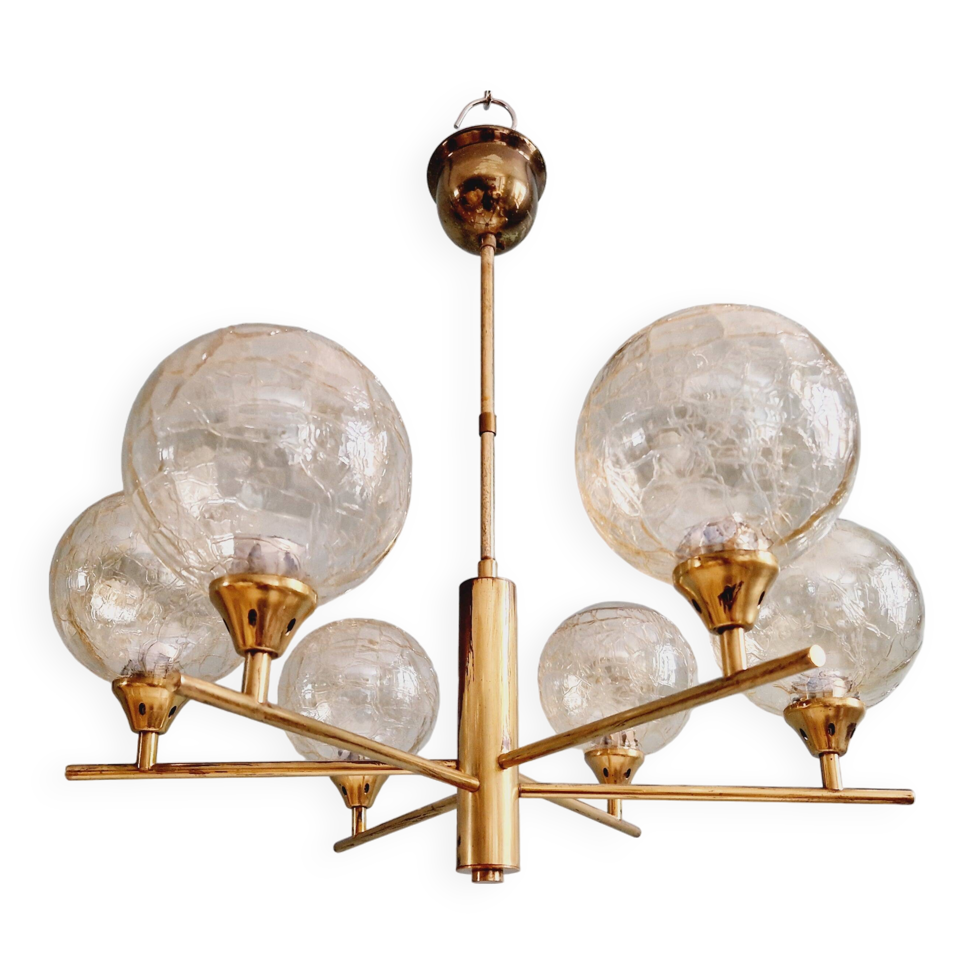 Brass chandelier with amber cracked glass globes, 1950s-60s