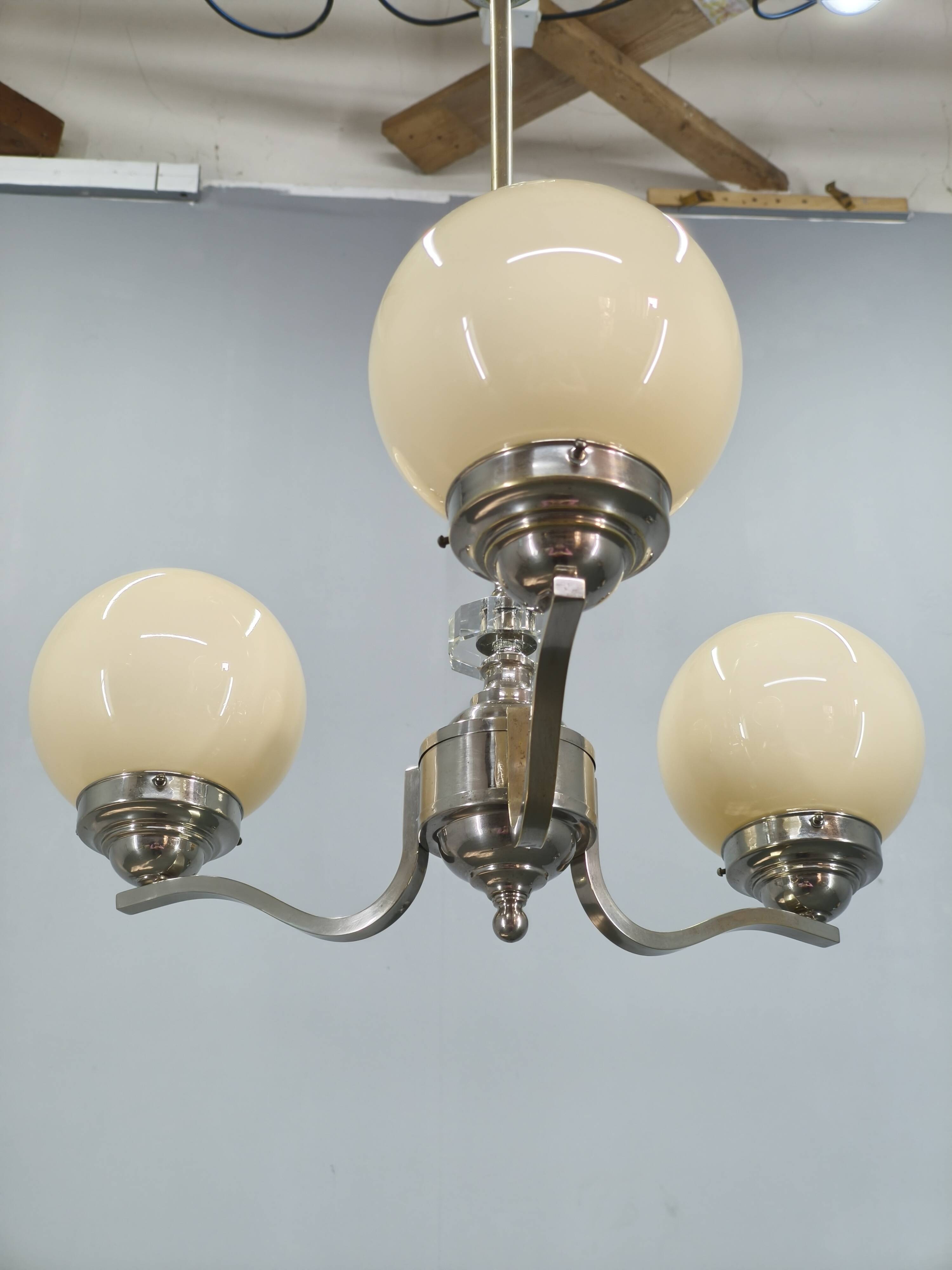 1930s Art Deco Nickel and Glass Chandelier, Czechoslovakia
