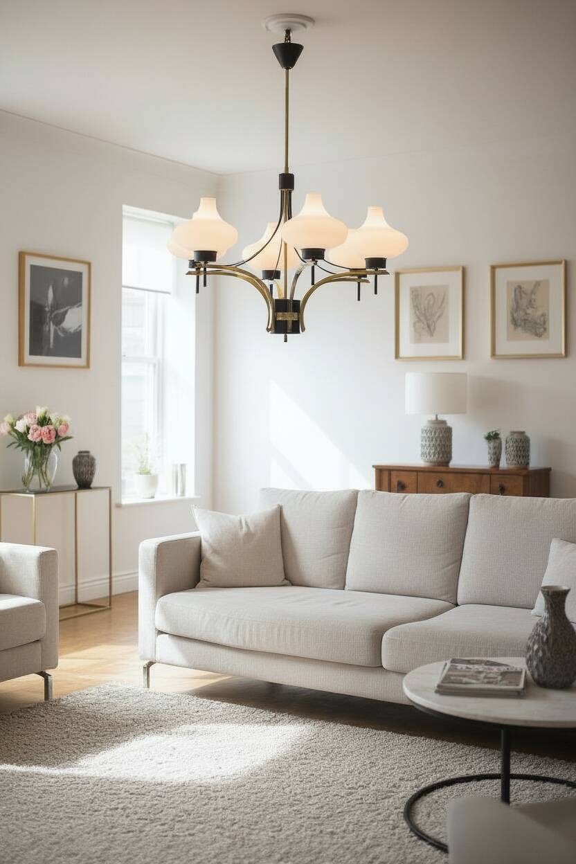 1950s Brass & Opaline Glass Six-Light Chandelier