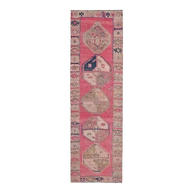 Vintage Turkish Hand-Knotted Wool Cotton Pink Runner Rug 100x335