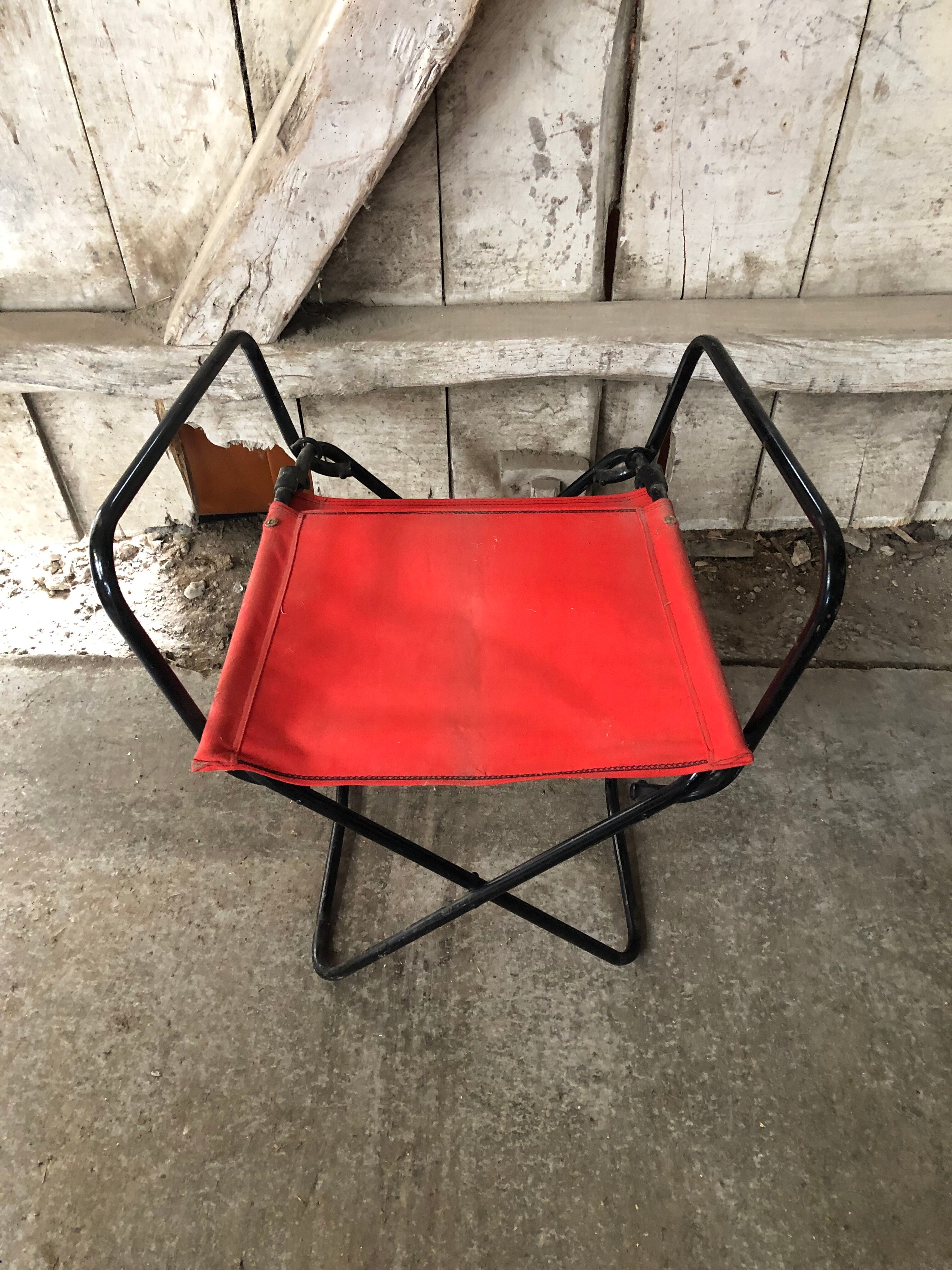 Old Folding Armchair Tube Metal Black + Red Fabric 70s Vintage