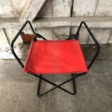 Old Folding Armchair Tube Metal Black + Red Fabric 70s Vintage