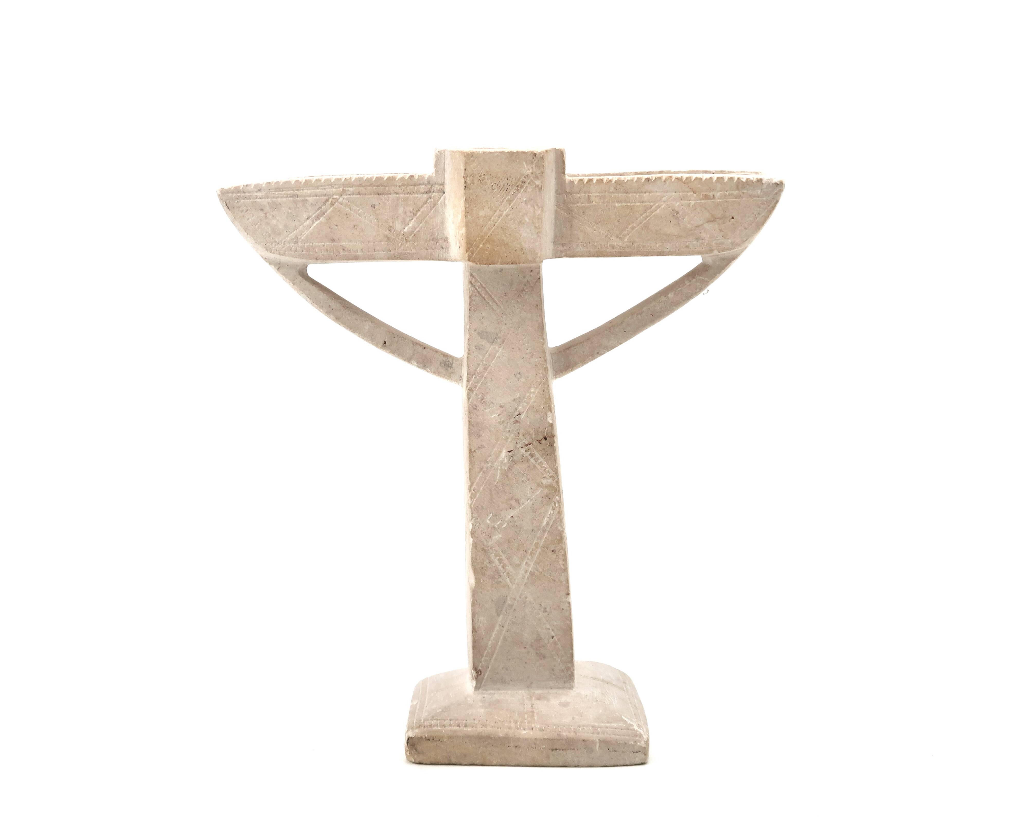 Moroccan candle holder in carved white beige stone, 1970s.