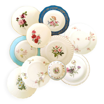 Ten mismatched 1950s floral transferware plates. shabby chic roses. vintage china.