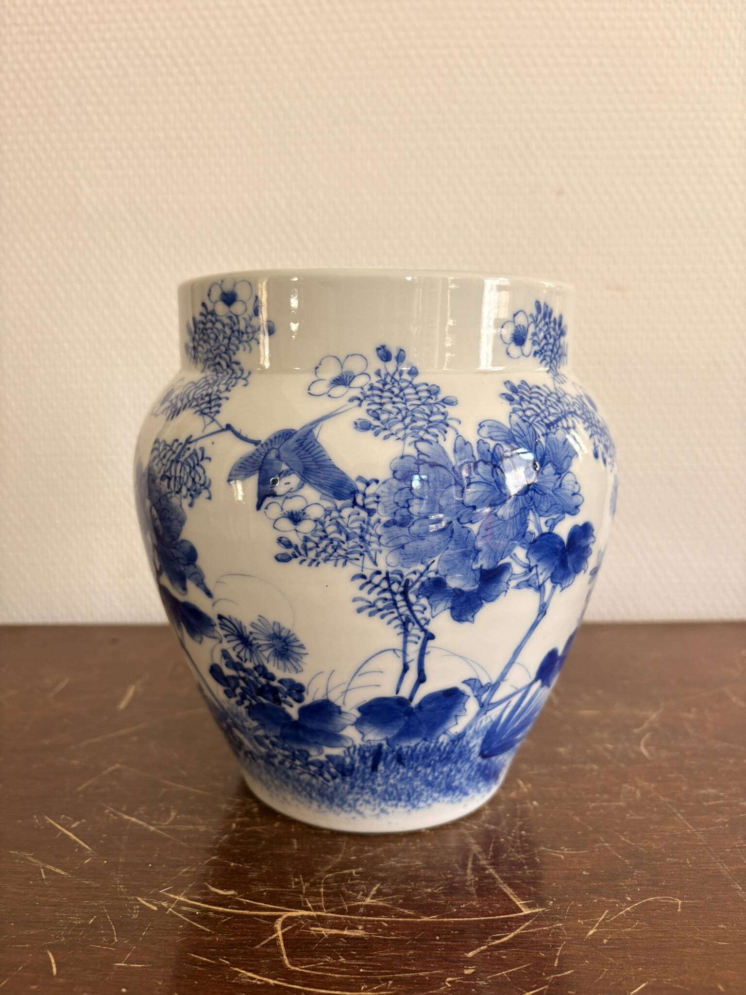 Ancient Vase Flower Pot Blue White Porcelain Bird Arita Imari Seto Peony