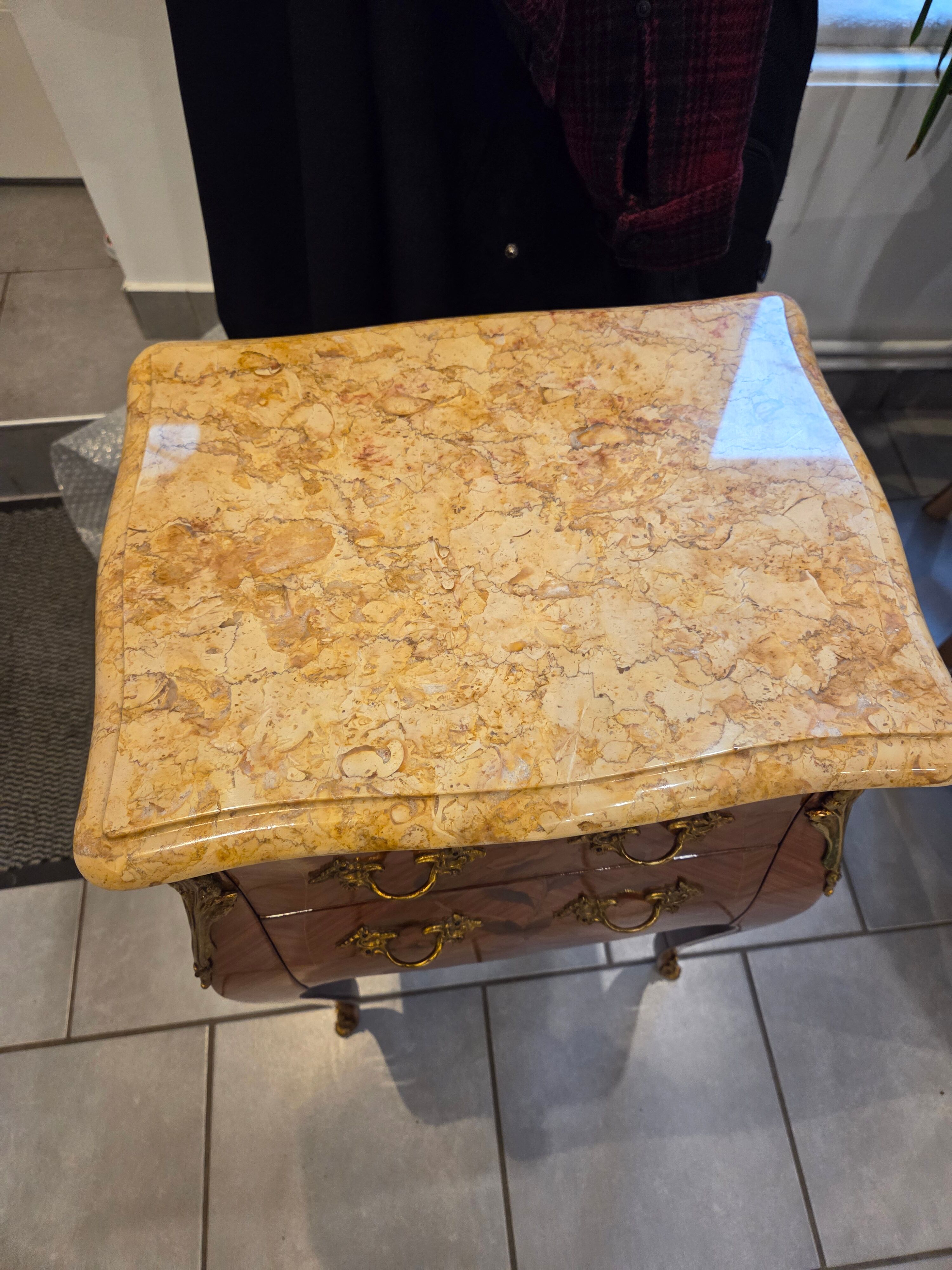 Pair of bedside tables in Louis XV style with marquetry - marble